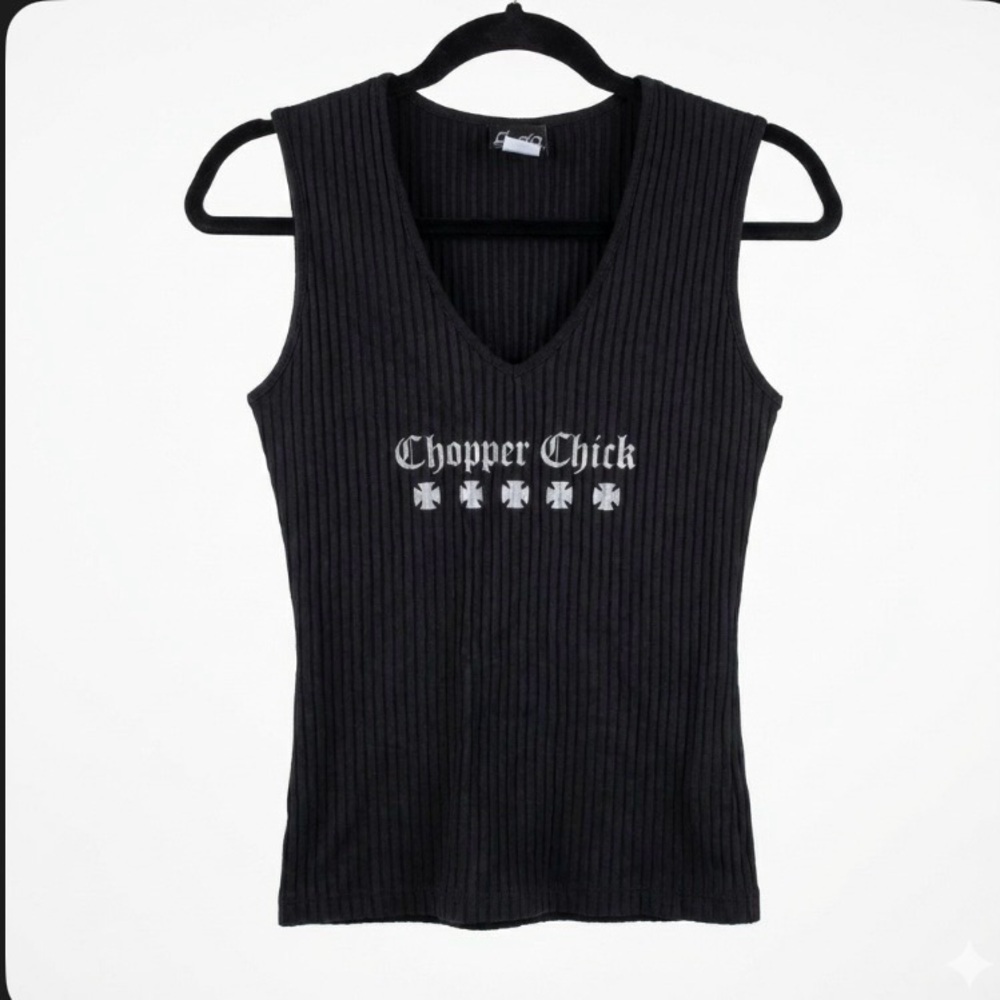 Y2K Vintage Sick Boy Motorcycles Black Ribbed Tank Top Chopper Chick Silver M